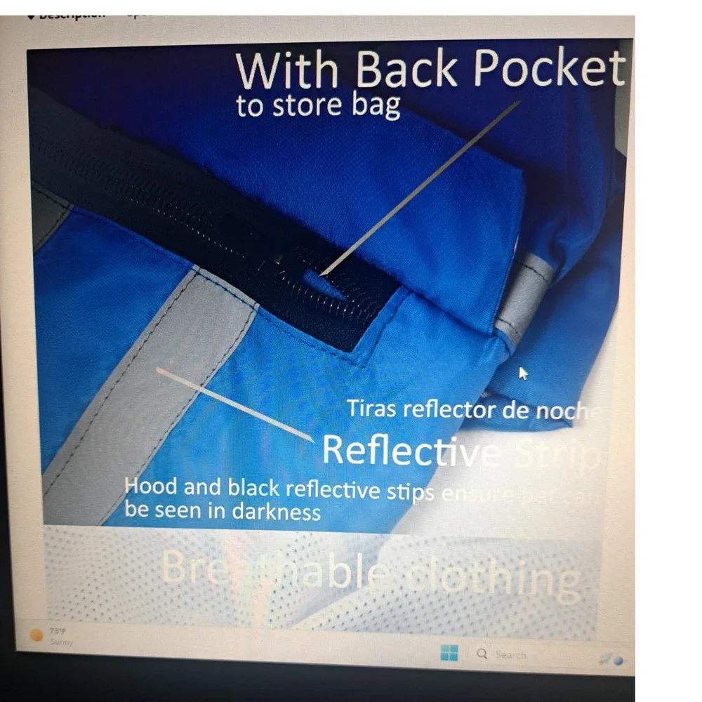 NIB-Sz L Dog Reflective Rain Jacket with Hood Blue White Gray MR DOG on back